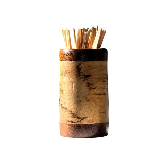 Handmade Toothpick Holder of Marquetry Pieced and Turned Wood - Picture 1 of 9